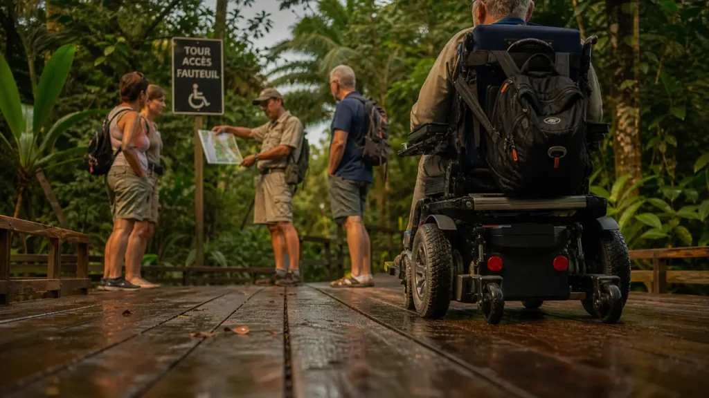 Accessible tours : fauteuil roulant électrique sur boardwalk en bois humide