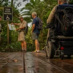 Accessible tours : fauteuil roulant électrique sur boardwalk en bois humide