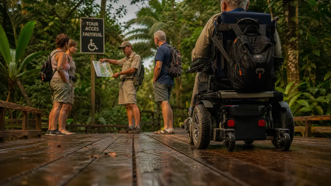 Accessible tours : fauteuil roulant électrique sur boardwalk en bois humide