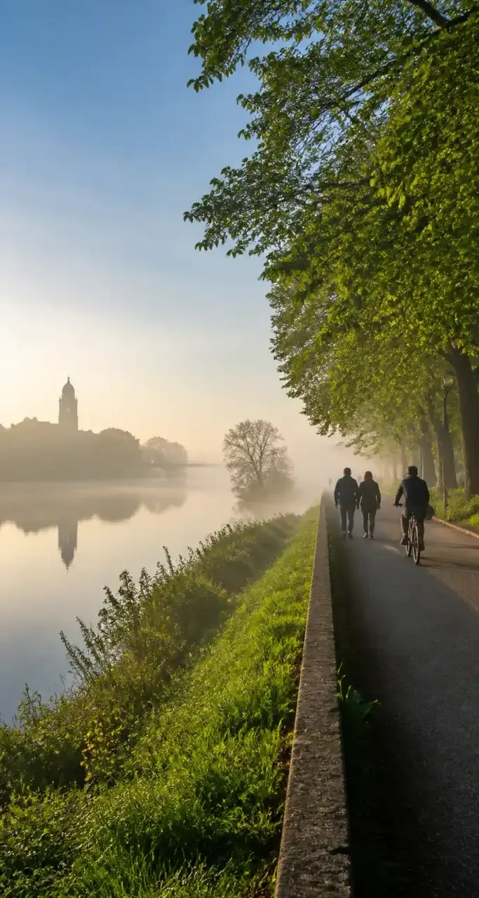 Promeneurs sur les bords de Loire à Tours, au matin
