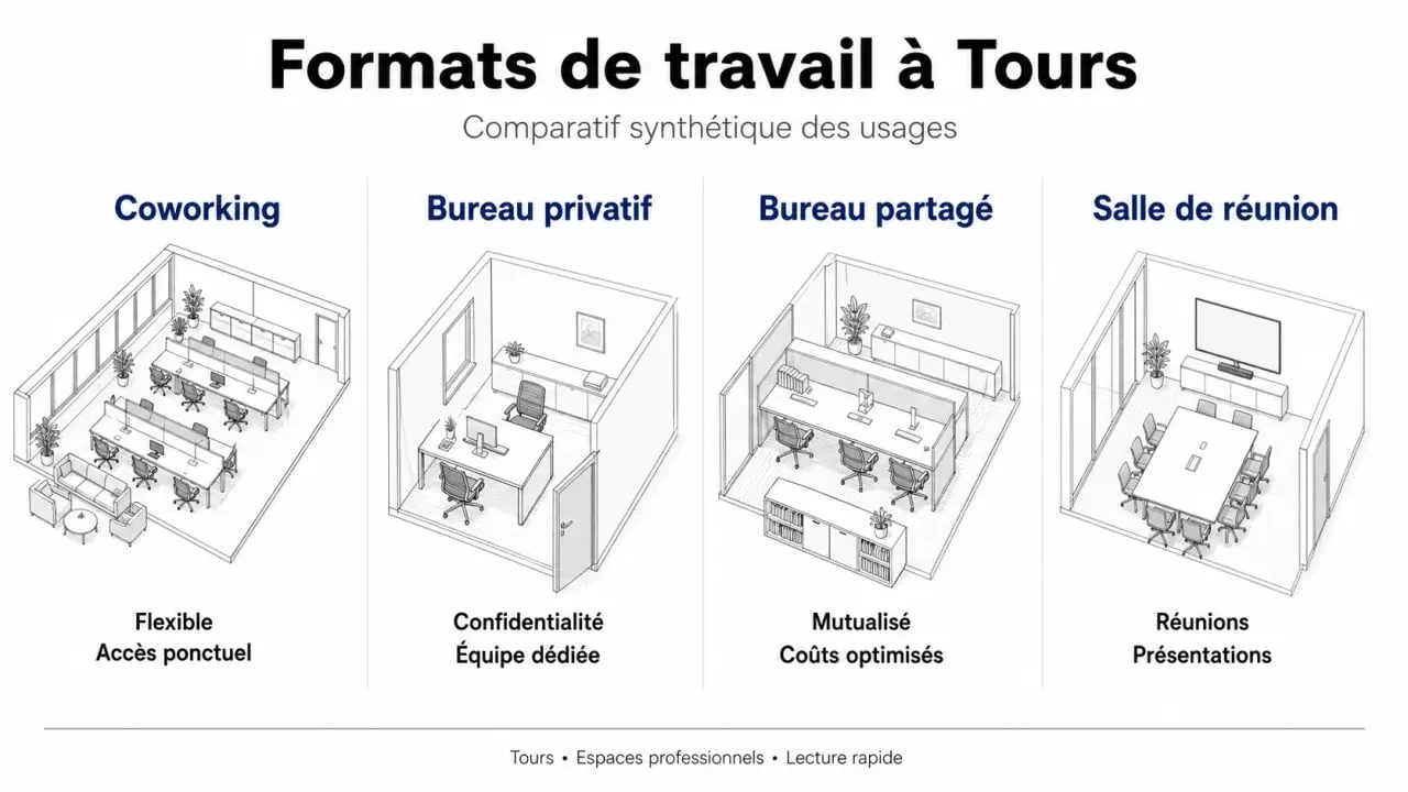 tours coworking : comparaison visuelle entre coworking, bureau privatif, bureau partagé et salle de réunion