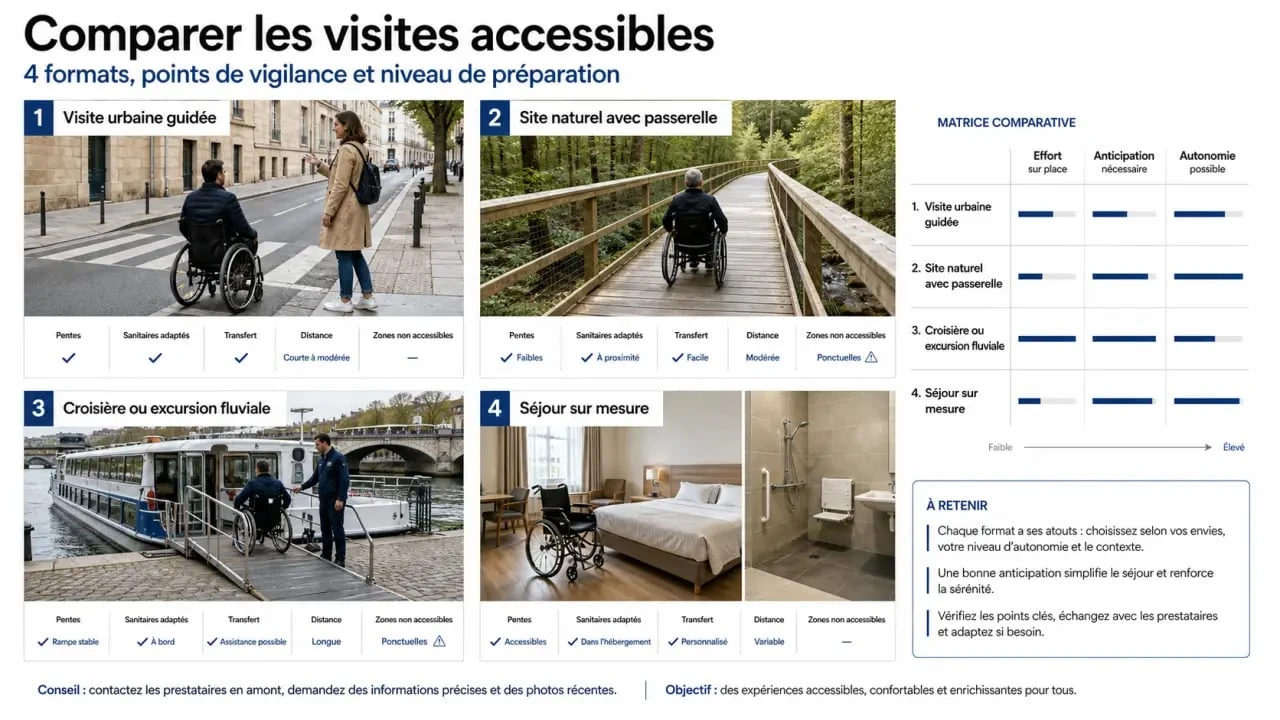 Accessible tours : comparaison des visites urbaines, boardwalk, croisières et séjours sur mesure