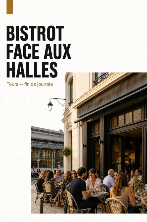 La Maison des Halles à Tours, façade de bistrot face aux Halles avec terrasse animée