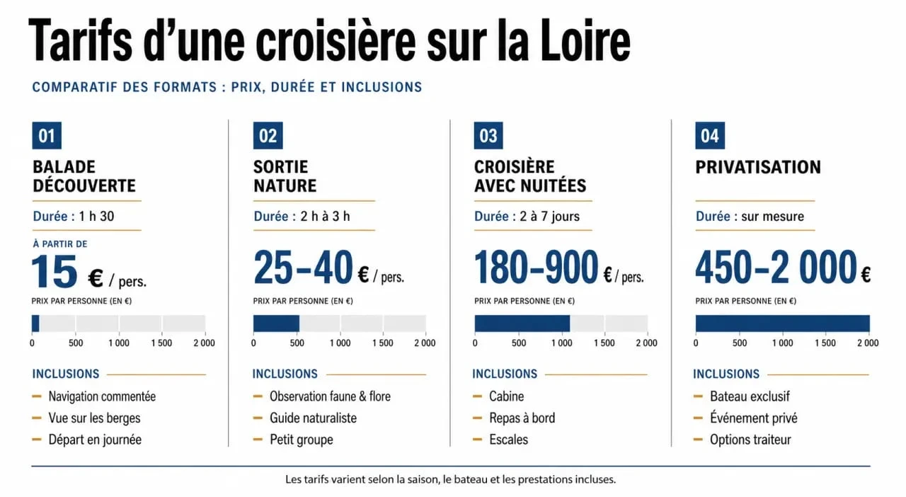 Croisière sur la loire tarif : comparaison visuelle des prix, durées et prestations incluses