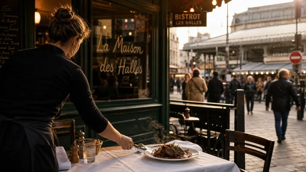 Maison des halles tours, table en terrasse face aux Halles