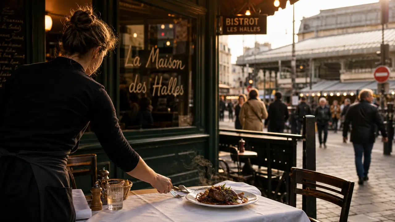 Maison des halles tours, table en terrasse face aux Halles