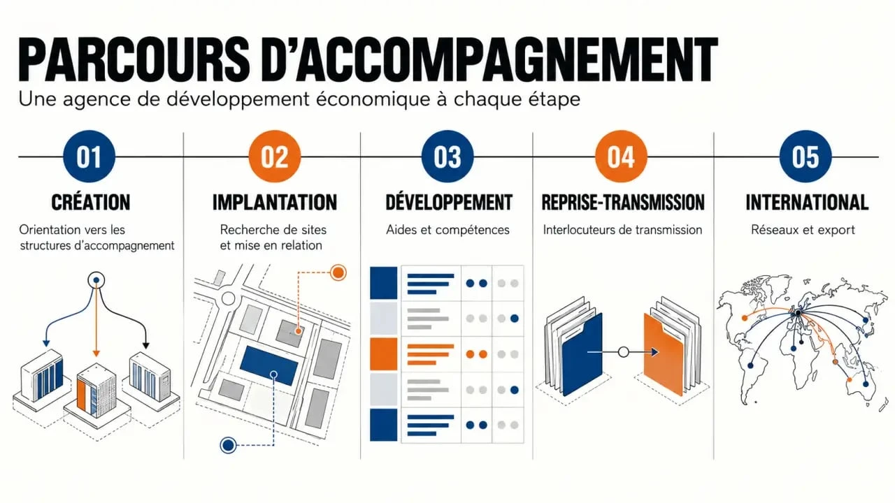 Infographie sur le rôle d'une agence de développement économique aux différentes étapes d'un projet
