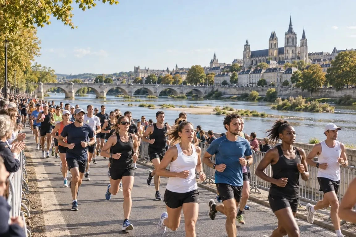Coureurs sur le parcours des 20 km de Tours le long de la Loire