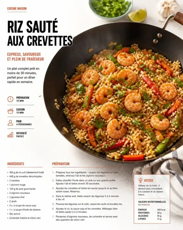 Plat de riz sauté aux crevettes et légumes croquants, une recette asiatique disponible chez Asia Market Tours