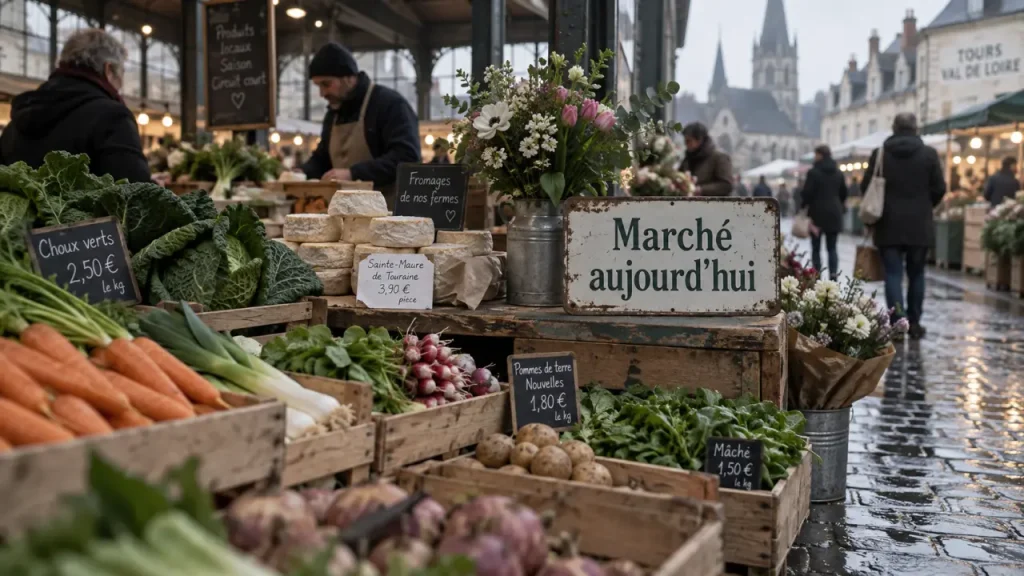Marché aujourd hui indre-et-loire : étal de légumes et fromages