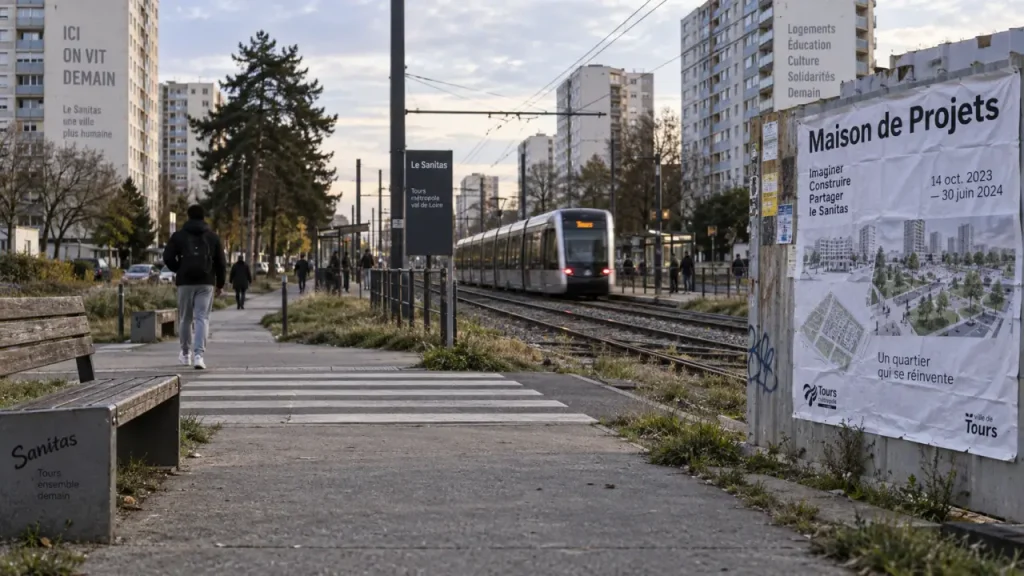 sanitas tours : allée piétonne, tramway et rails au quartier