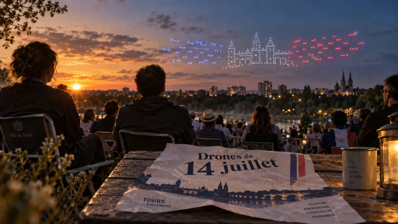 Feu d'artifice tours : public et drones lumineux en soirée